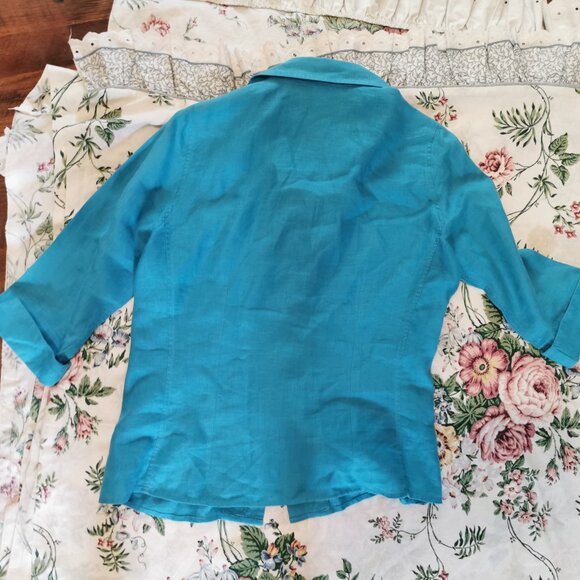 David N 100% Linen Top Small Turquoise Coastal Beachy Sleeve Button Up 0201 - Picture 6 of 6